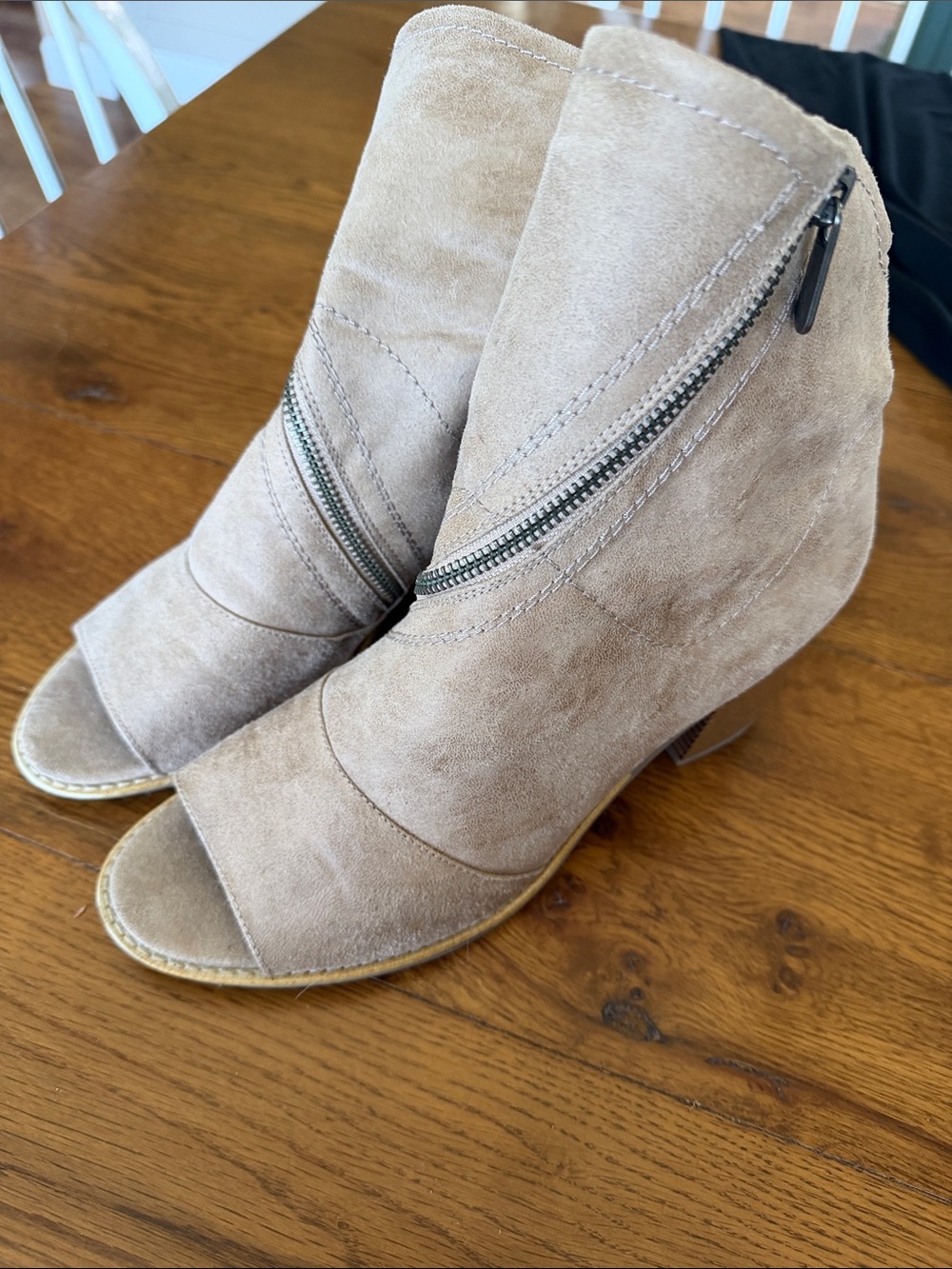 White Mountain Taupe Suede Peep-Toe Ankle Boots with Side Zip